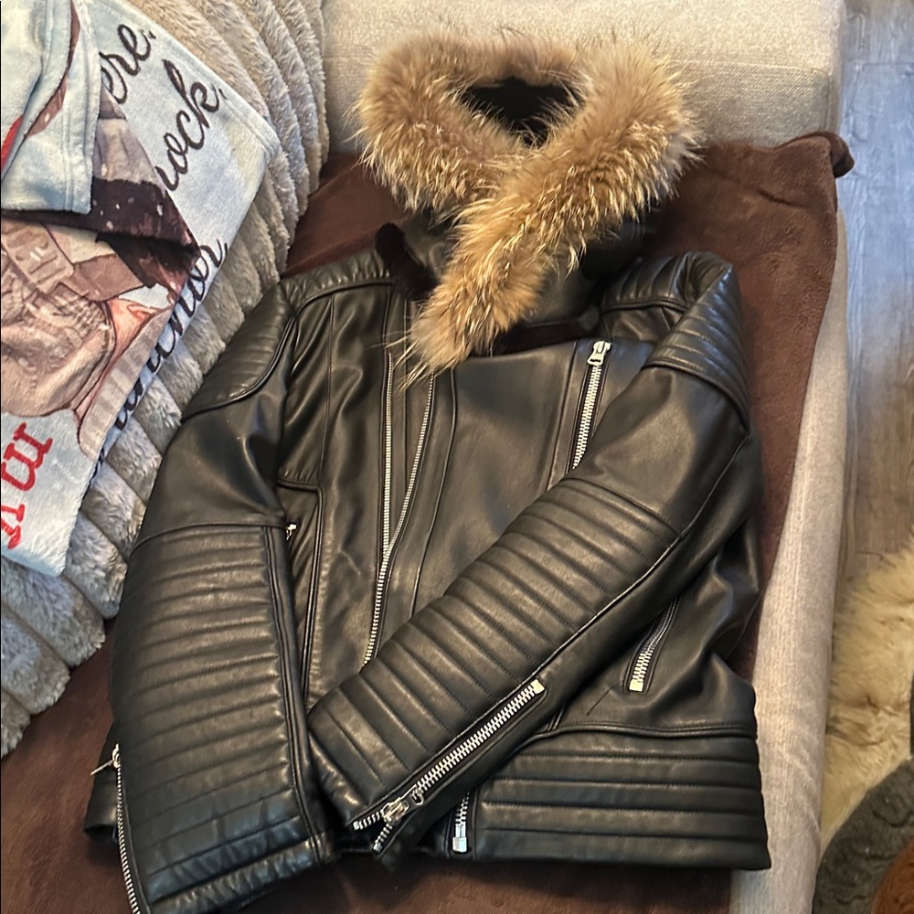 ✅. NEW Bikers Moto  Leather  JacketFox Fur Coat Size 2 XL SALE!
